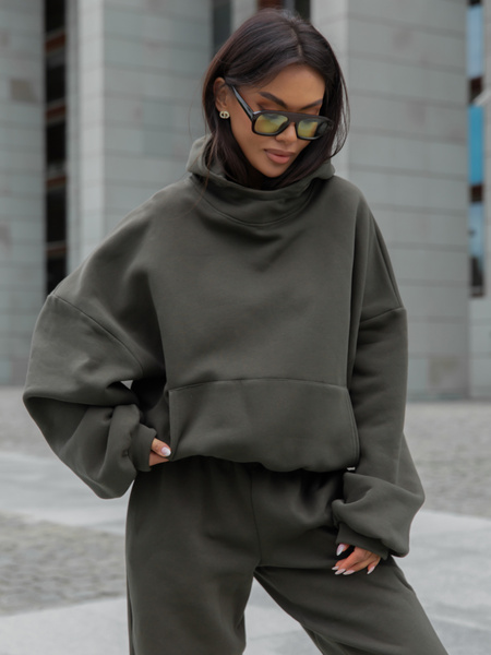 Viralowa Bawełniana BLUZA z drapanego dresu z kapturem na stójce z kieszeniami kangurka dark khaki E1