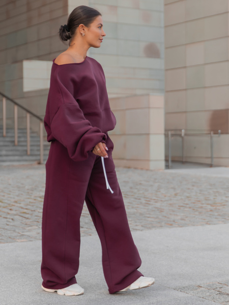 Dresowa bawełniana BLUZA opuszczana na ramiona oversize szeroka deep plum / śliwkowy X400
