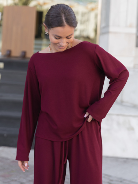 Luźna komfortowa BLUZKA z długim rękawem z prążkowanej dzianiny wiskoza i bawełna bordowa X506