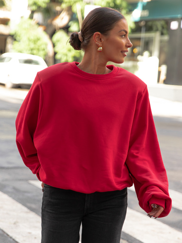 Oversizowa bawełniana BLUZA z drapanego dresu z poduszkami na ramionach czerwona X469