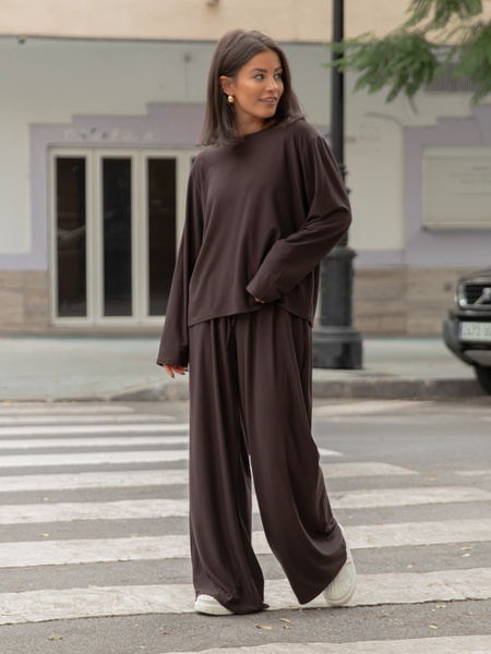 Luźny codzienny KOMPLET z wiscozy oversizowy t-shirt i luźne spodnie brązowy X475