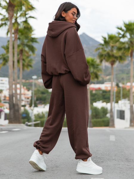 Oversizowa BLUZA z kapturem zapinana na zamek bluzowana kangurka z bawełnianej dresówki brązowa X1