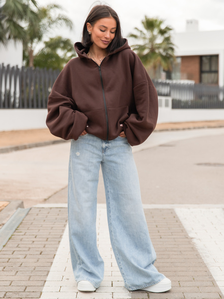 Oversizowa BLUZA z kapturem zapinana na zamek bluzowana kangurka z bawełnianej dresówki brązowa X1