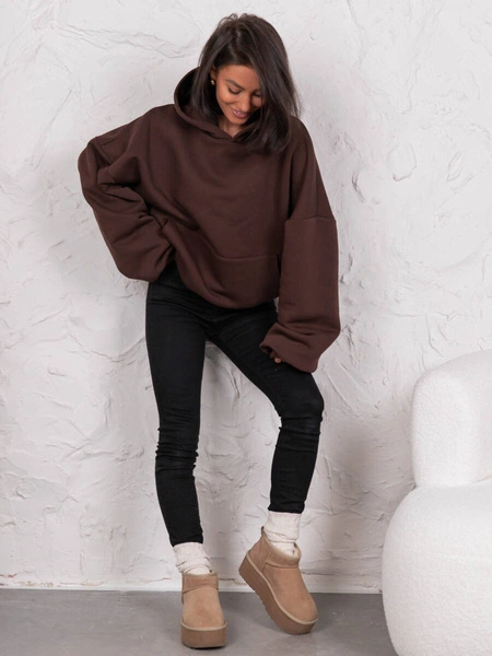 Dresowa bawełniana BLUZA z kapturem oversize szeroka brązowa E644