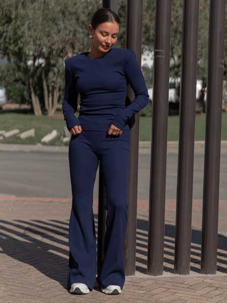 Bawełniana basicowa BLUZKA z dzianiny prążkowanej z poduszkami na ramionach navy blue X465