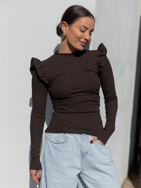 Bawełniana dopasowana BLUZKA z dzianiny prążkowanej z falbankami na ramionach czekoladowa X470