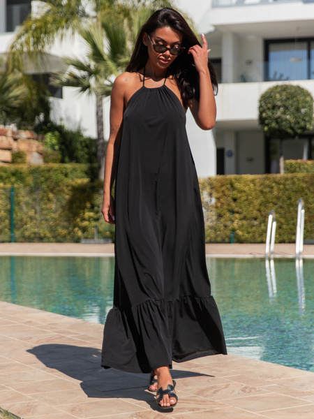 Zwiewna maxi SUKIENKA z odkrytymi plecami z dekoltem halter czarna X105 k01