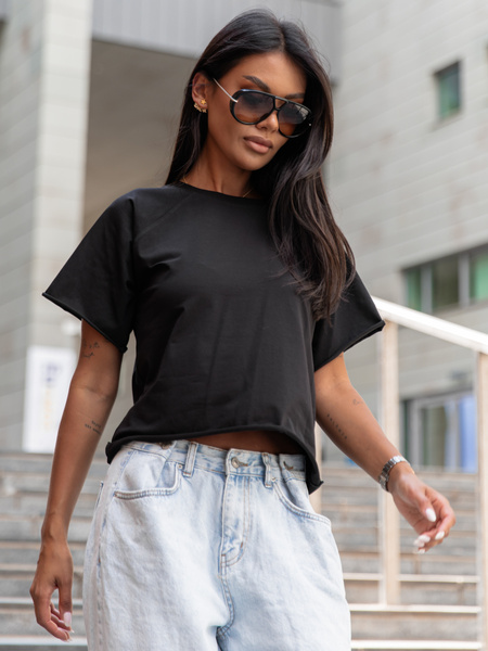 Bawełniany T-SHIRT bluzka z krótkim reglanowym rękawem czarny X354