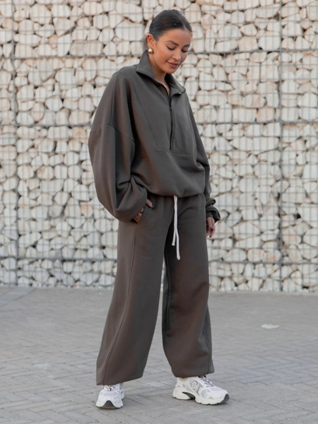 Oversizowe bawełniane SPODNIE dresu drapanego z przeszyciem i ściągaczami dark mokka X476
