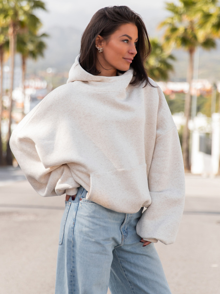 Viralowa Bawełniana BLUZA z drapanego dresu z kapturem na stójce z kieszeniami kangurka beż melanż E1k01