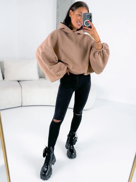 Szeroka luźna BLUZA z kapturem oversize beżowa E348 k01