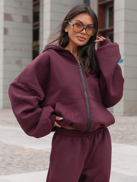 Oversizowa BLUZA z kapturem zapinana na zamek bluzowana kangurka z bawełnianej dresówki deep plum / śliwkowy X1