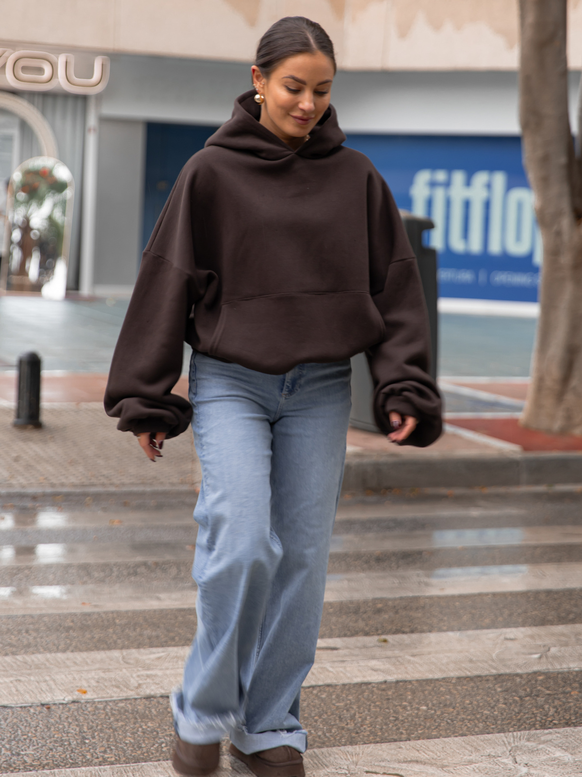 Viralowa Dresowa bawełniana BLUZA z kapturem oversize szeroka dark chocolate E644