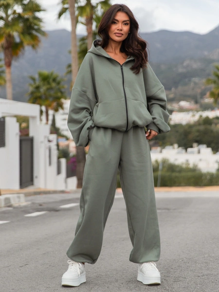 Dresowe bawełniane SPODNIE baggy khaki E643 k01