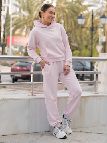 Dresowy bawełniany KOMPLET bluza z kapturem kangurka i spodnie baby pink X550