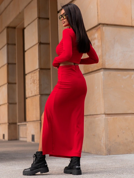Elegancki KOMPLET bluzka z długim rękawem i spódnica maxi drapowana czerwony X317