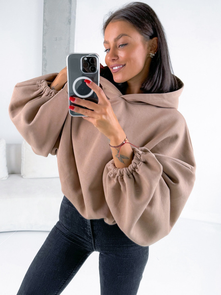 Szeroka luźna BLUZA z kapturem oversize beżowa E348 k01