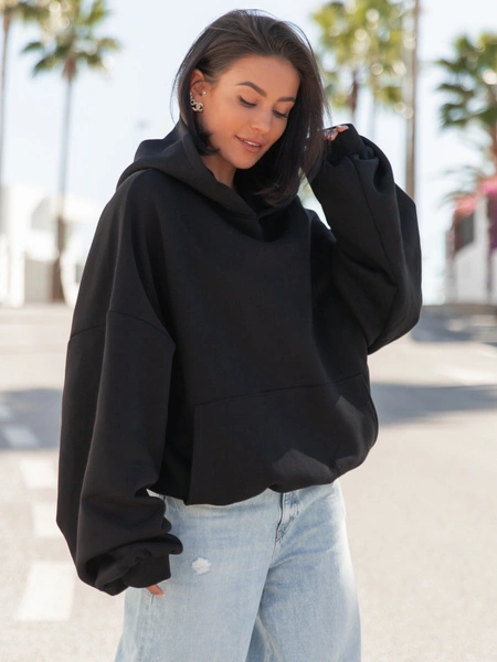 Viralowa Dresowa bawełniana BLUZA z kapturem oversize szeroka czarna E644