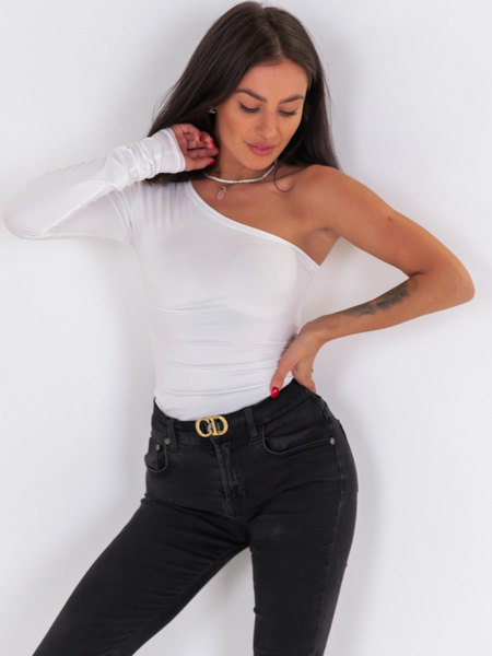 Dopasowana BLUZKA z gładkiej dzianiny z jednym długim rękawem biała E522 k01