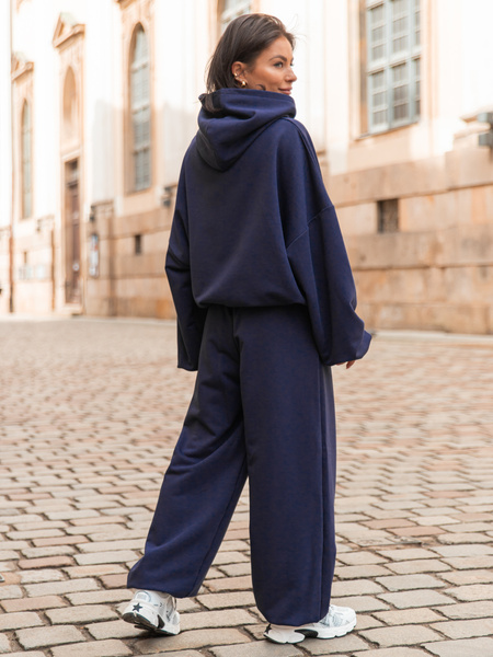 Luźne SPODNIE baggy z bawełnianej dresówki niedrapanej od wewnątrz navy blue X151
