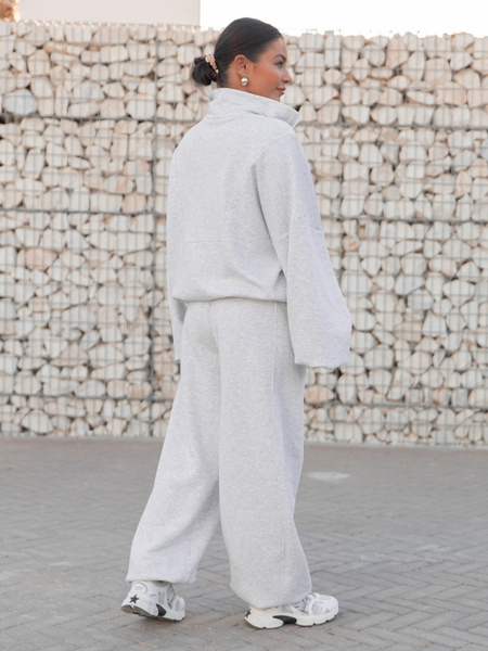 Oversizowe bawełniane SPODNIE dresu drapanego z przeszyciem i ściągaczami szary melanż X476