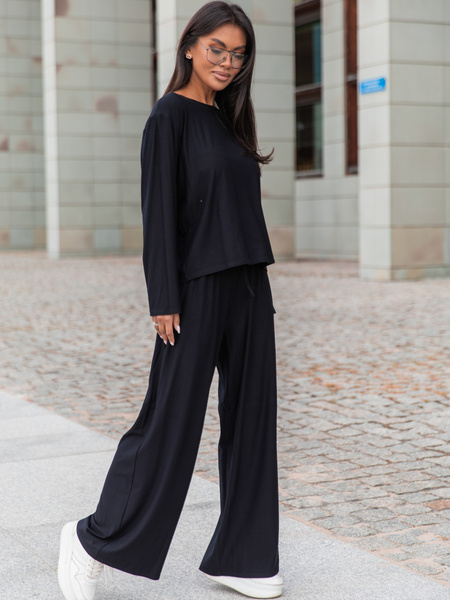 Wiscozowy luźny szeroki T-SHIRT z długim rękawem czarny X415