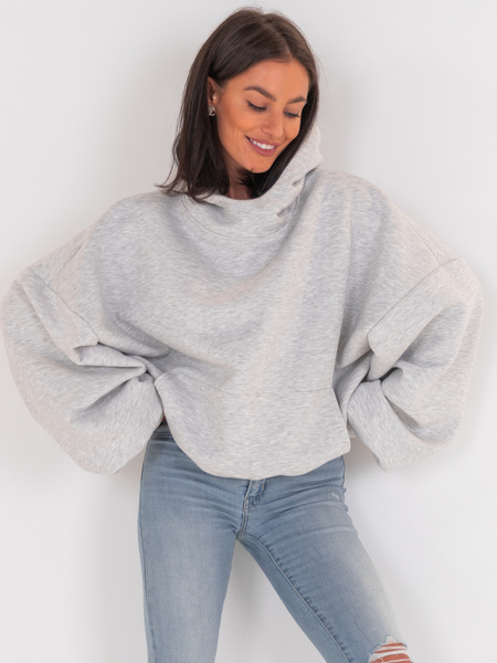 Bawełniana BLUZA z drapanego dresu z kapturem na stójce z kieszeniami kangurka szary melanż E1