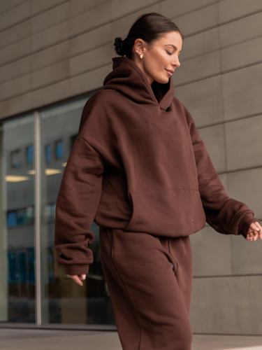 Dresowa bawełniana BLUZA z kapturem kangurka o klasycznym kroju brązowa X350