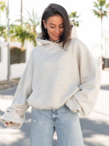 Viralowa Dresowa bawełniana z lnem BLUZA z kapturem oversize szeroka beż melanż E644k01