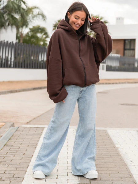 Oversizowa BLUZA z kapturem zapinana na zamek bluzowana kangurka z bawełnianej dresówki brązowa X1