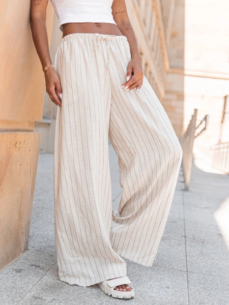 Lniane luźne długie SPODNIE z niższym stanem beżowe w tenisowy prążek X251 k01