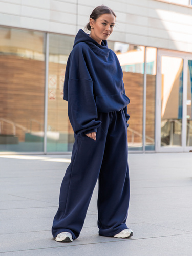 Dresowy ZESTAW: Viralowa BLUZA z drapanego dresu z kapturem na stójce E1 + Dresowe SPODNIE z szerokimi nogawkami X31