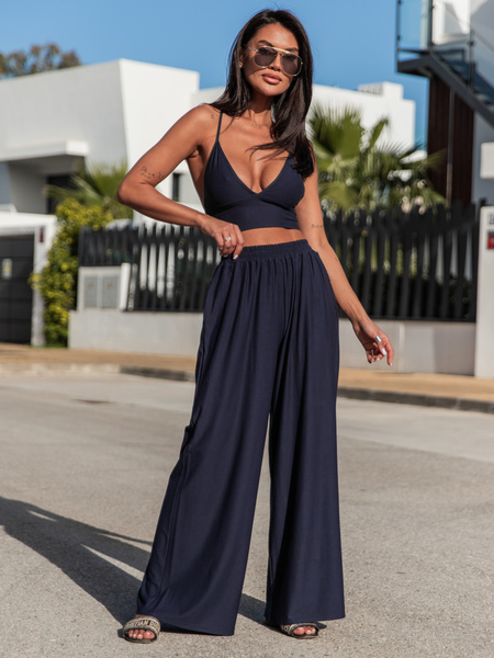 Wiscozowy KOMPLET top stanik na ramiączkach i szerokie spodnie z gumką w pasie navy blue X131