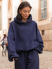 Luźna BLUZA z kapturem oversize szeroka z bawełnianej dresówki niedrapanej od wewnątrz navy blue X150
