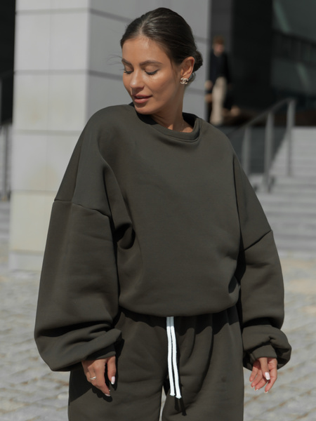 Dresowa bawełniana BLUZA oversize szeroka dark khaki X402