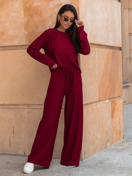 Codzienny komfortowy KOMPLET z wiscozy luźna bluzka z długim rękawem i szerokie spodnie bordowy X318