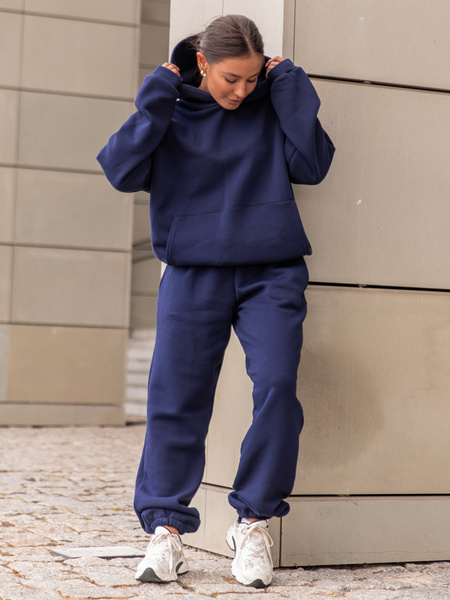 Dresowe bawełniane SPODNIE  ze ściągaczami navy blue X32