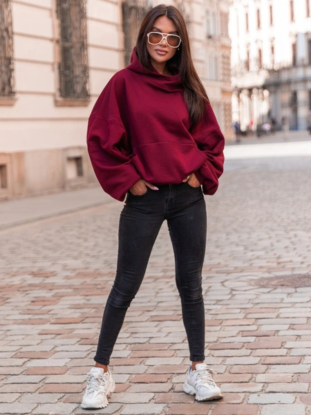 Bawełniana BLUZA z drapanego dresu z kapturem na stójce z kieszeniami kangurka bordowa E1