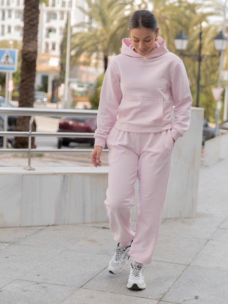 Dresowy bawełniany KOMPLET bluza z kapturem kangurka i spodnie baby pink X550