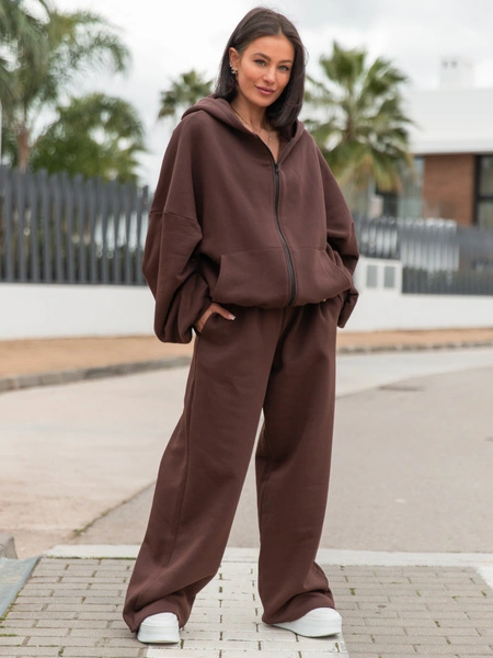 Oversizowa BLUZA z kapturem zapinana na zamek bluzowana kangurka z bawełnianej dresówki brązowa X1