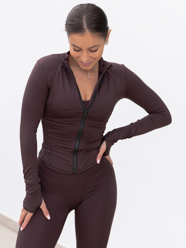 FITNESS / SIŁOWNIA / JOGA dopasowana BLUZA zapinana na zamek z długim rękawem czekoladowa F104