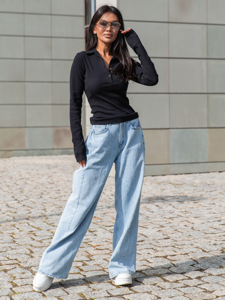 Basic Bawełniana BLUZKA z prążkowanej dzianiny z kołnierzykiem czarna X405