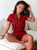 PIŻAMA komplet do spania luźna koszulka na guziki i spodenki czerwona w kratę P32 k01