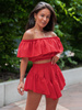 KOMPLET bluzka hiszpanka z odkrytymi ramiona i asymetryczne spódnico spodenki ze zwiewnej tkaniny koralowy E286 k01