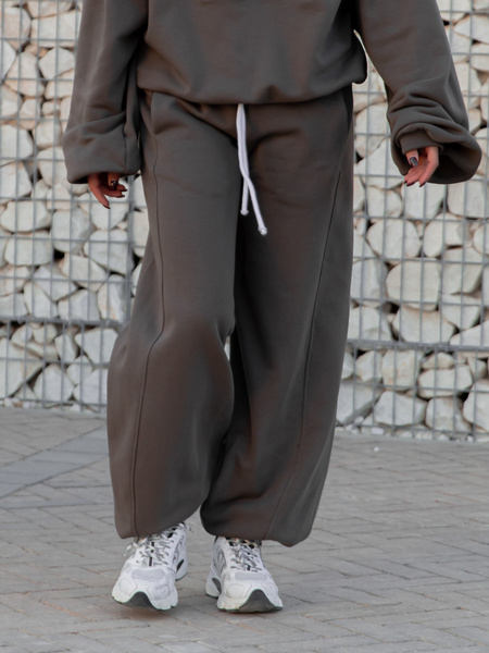 Oversizowe bawełniane SPODNIE dresu drapanego z przeszyciem i ściągaczami dark mokka X476