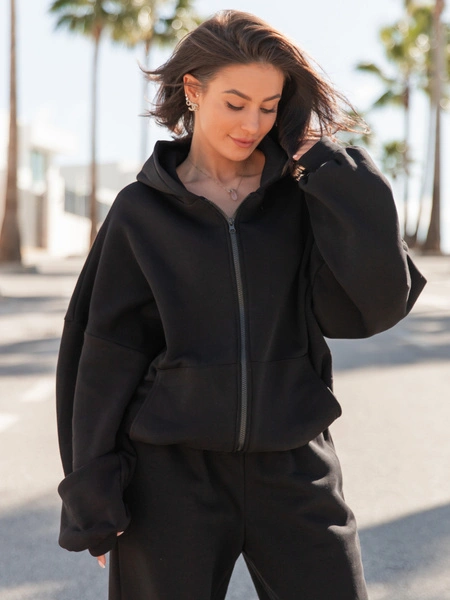 Oversizowa BLUZA z kapturem zapinana na zamek bluzowana kangurka z bawełnianej dresówki czarna X1