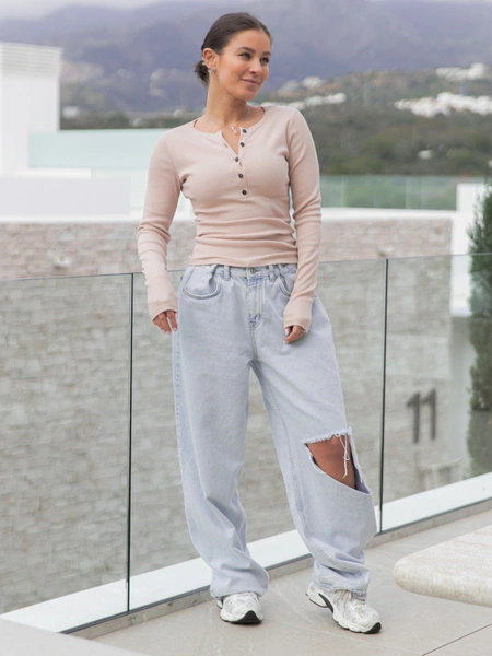 Bawełniana BLUZKA z guzikami z prążkowanej dzianiny beżowa X514