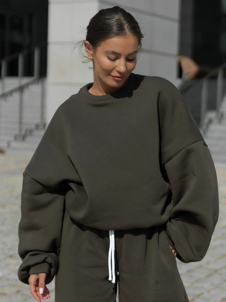 Dresowa bawełniana BLUZA oversize szeroka dark khaki X402