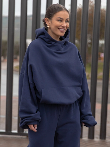 Viralowa Bawełniana BLUZA z drapanego dresu z kapturem na stójce z kieszeniami kangurka navy blue E1