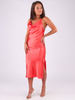 Satynowa sukienka midi odkryte plecy koralowa b208 k01